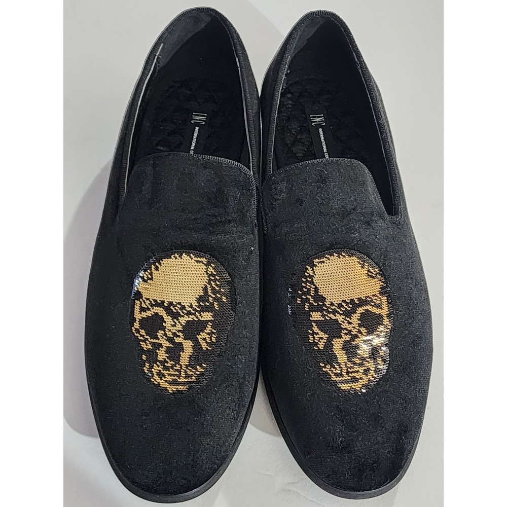 INC International Concepts Mens Nova Black Velvet Gold Sequin Skull Loafers 9M